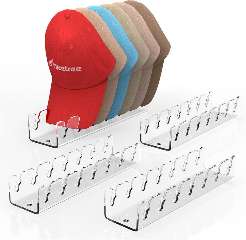 Nicetree Hat Organizer for Baseball Caps, 4 Pcs No Install Acrylic Hat Racks for 28 Baseball Caps Storage, Hat Stand for Caps Display and Organizer for Dresser, Bedroom, Closet, Office - Image 3